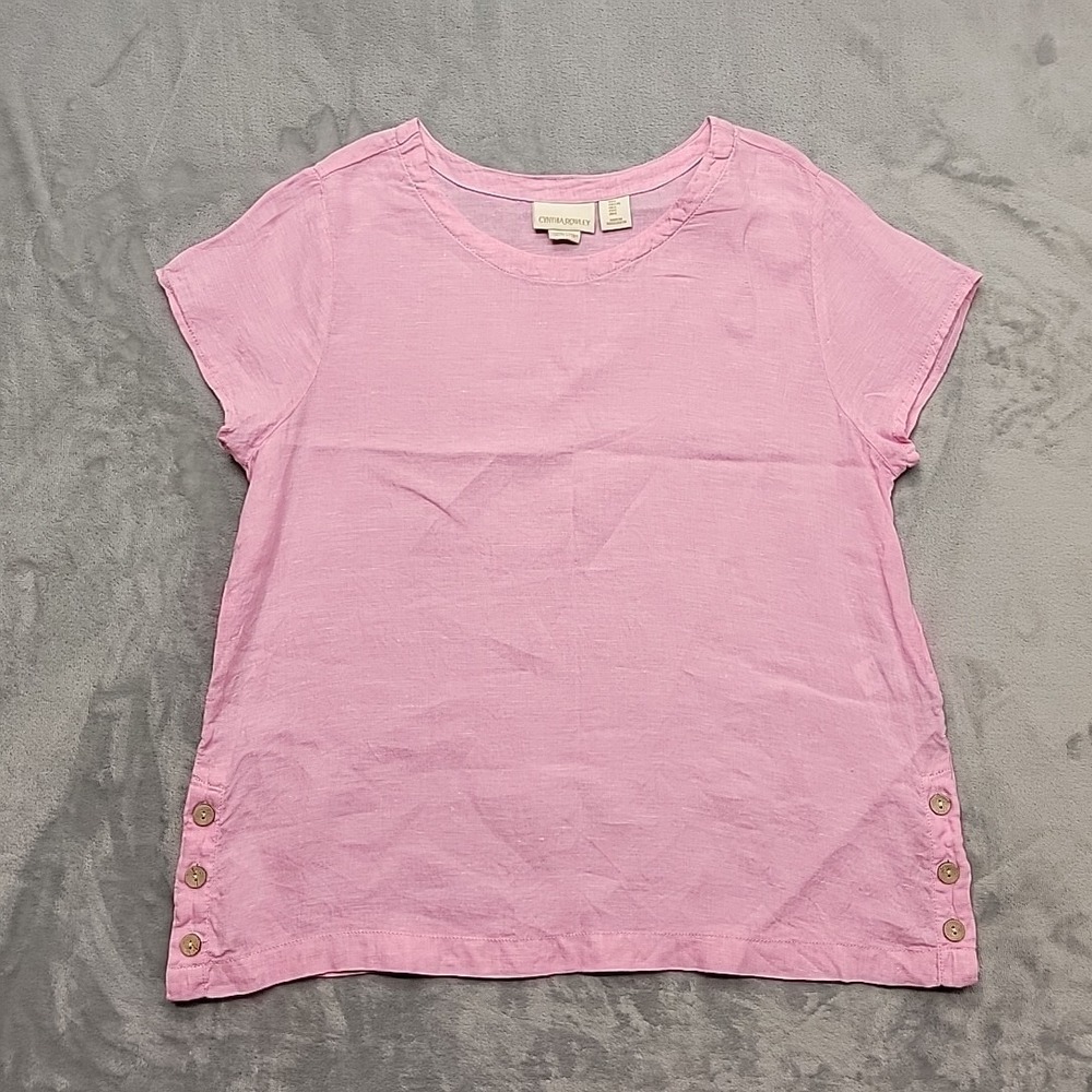 Cynthia Rowley Shirt Womens Large Pink Short Sleeve Side Button Linen Casual